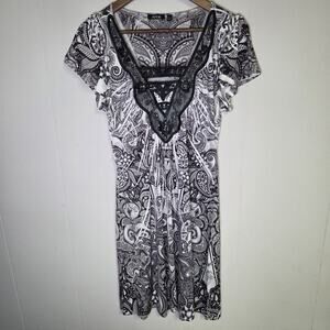 Apt 9 Black And White Paisley Lace Collar V Neck Midi Dress Size Medium